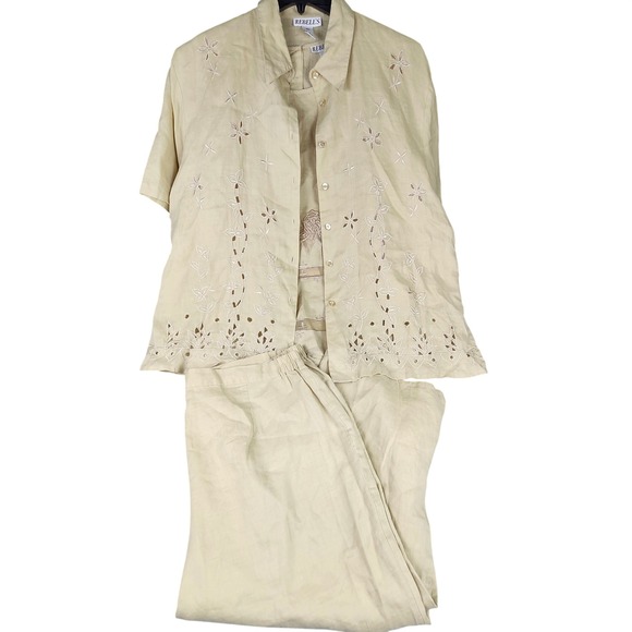 Linen 3 Pc Set Floral Eyelet Jacket Shell Pant Womens 5XL Tan Lagenlook Boho VTG - Picture 2 of 14
